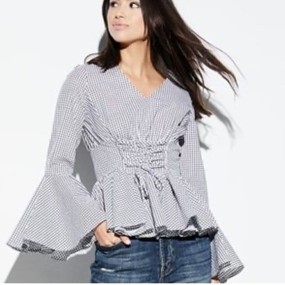 Anthropologie free generation black-and-white blouse- angel sleeves/laced waist